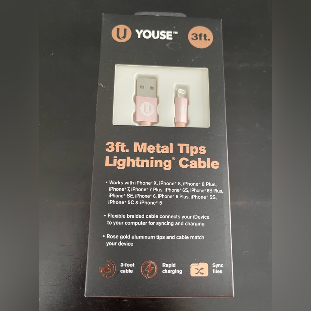 Youse 3 foot Rose Gold Braided Lightening Cable. New In Box